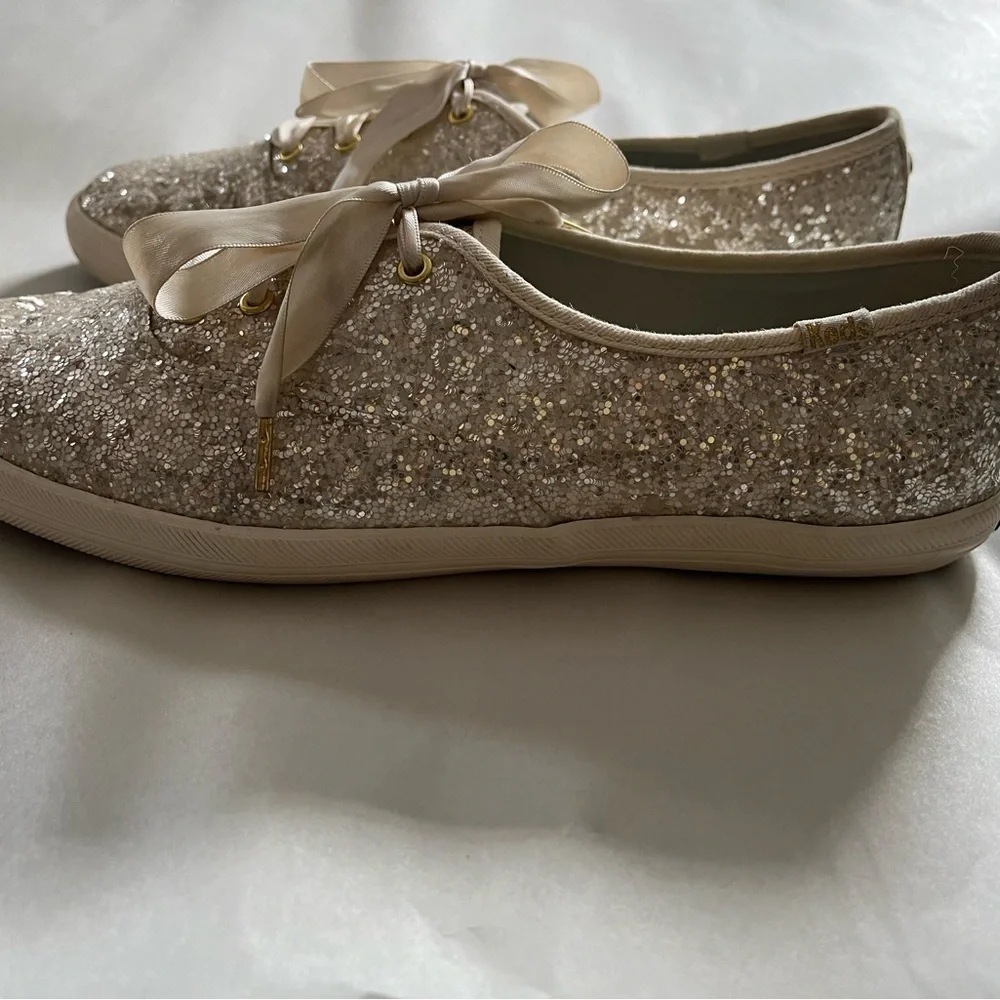 Kate Spade Keds Blinged Out Cream Glitter Canvas Sneakers Fun Ribbon Lac…